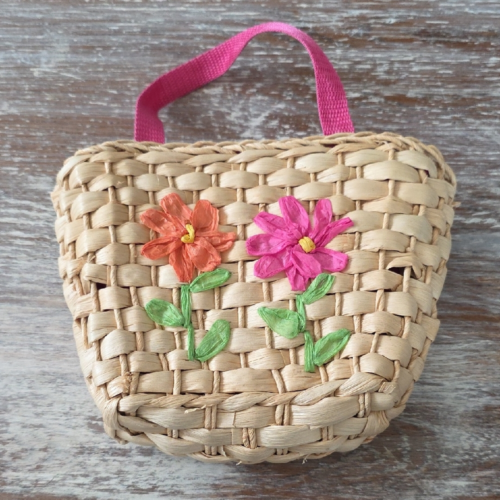 Woven Straw‎ Mini Tote Bag Floral Raffia Applique Pink Boho Cottagecore Festival